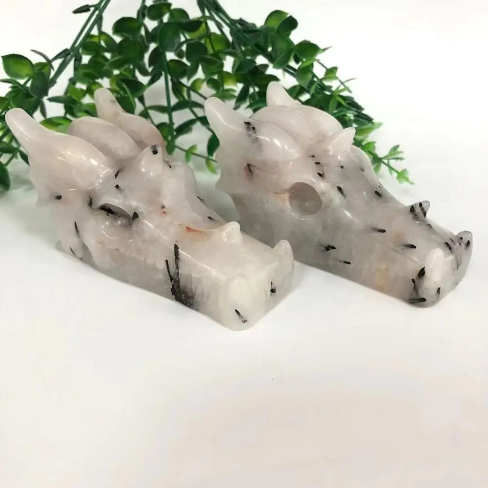 Black Rutiled Quartz Высокое качество Черный Rutiled кварц Дракон Череп ручной резной Голова Дракона фигурка для украшения подарок или коллекция и DD - Цвет: Black Rutiled Quartz