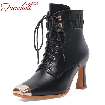 

FACNDINLL 2020 new ankle boots concise casual zipper women high heels genuine leather autumn warm booties woman brand shoes