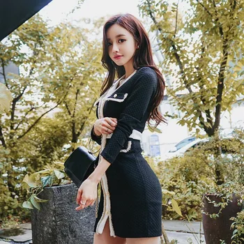 

Hot Sexy V Neck Mini Wrap Dress Women Long Sleeve Office Lady Slim Fit Spliced Tassel Buttons Bodycon Dresses Party Pencil Dress