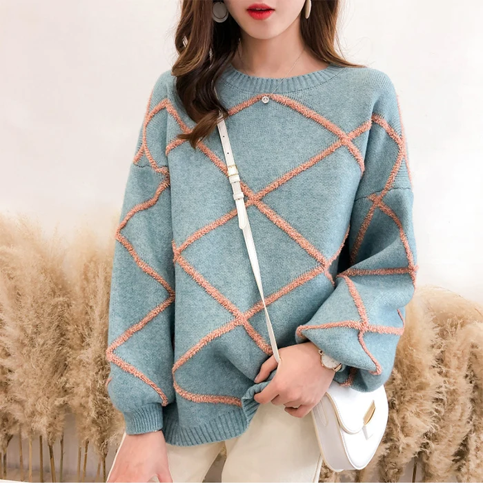 SURMIITRO Argyle вязаный женский свитер для осени и зимы корейский женский свободный джемпер с длинным рукавом женский трикотажный пуловер