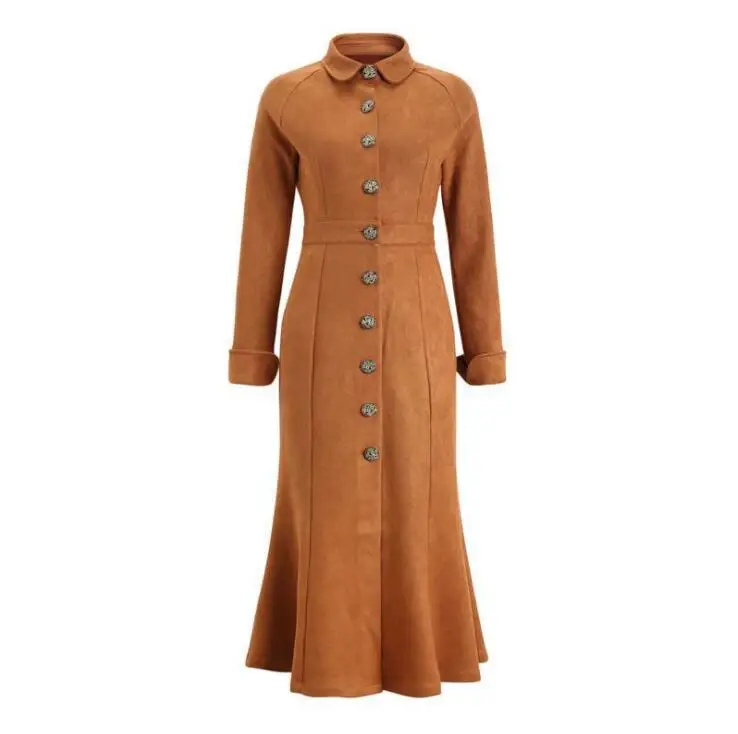 Осень-зима Для женщин с длинным рукавом облегающее обтягивающее женское платье миди платье Однобортный рюшами Вечерние замшевые платья