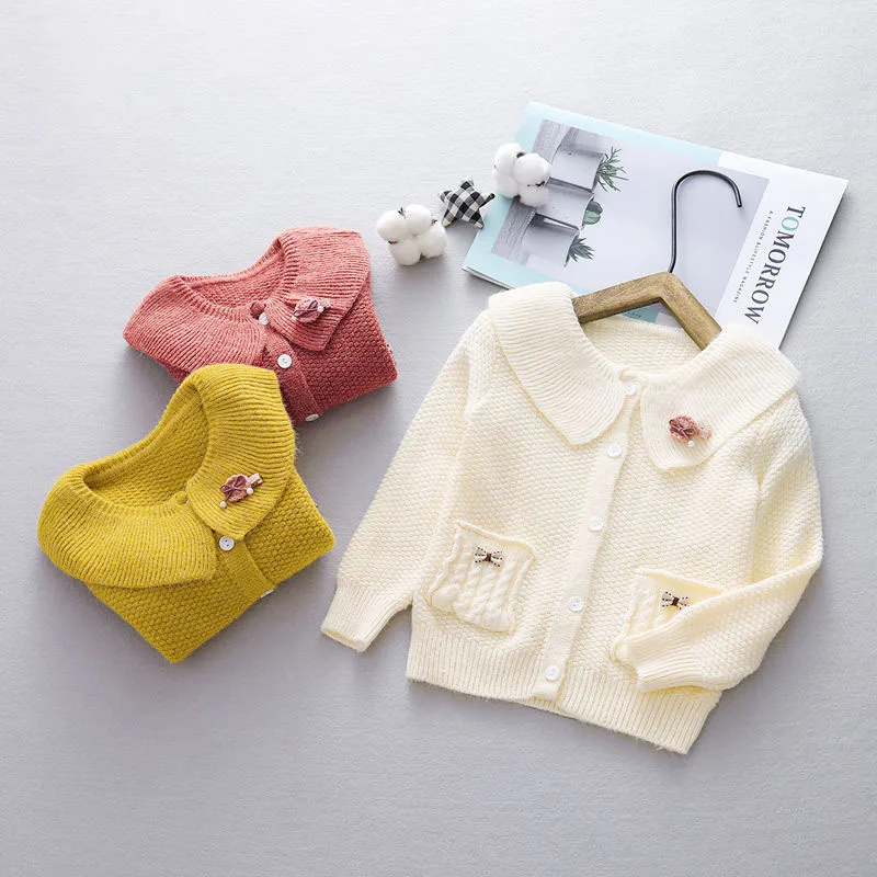 

2019 Autumn Children Kids Long Sleeve Lapel Collar Flower Knitwear Sweaters Baby Girls Knitted Cardigans Outerwear Coats