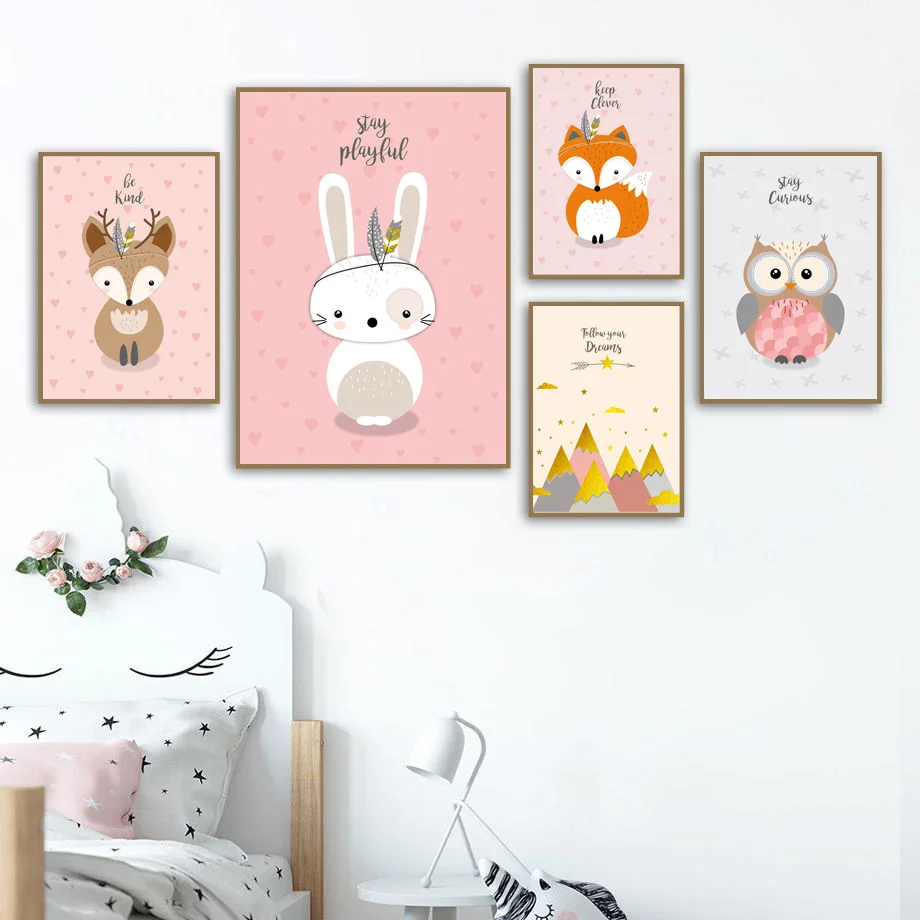 

Cute Rabbit Deer Fox Owl Hedgehog Nursery Wall Art Canvas Painting Nordic Posters And Prints Wall Pictures Baby Kids Room Decor