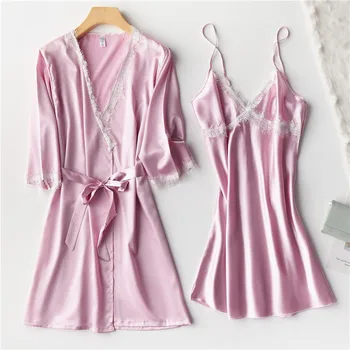 

Satin Pink 2PCS Sleep Set Kimono Gown Lady Bathrobe Nightdress Nighty&Robe Suit Sexy Bride Bridesmaid Wedding Robe Sleepwear