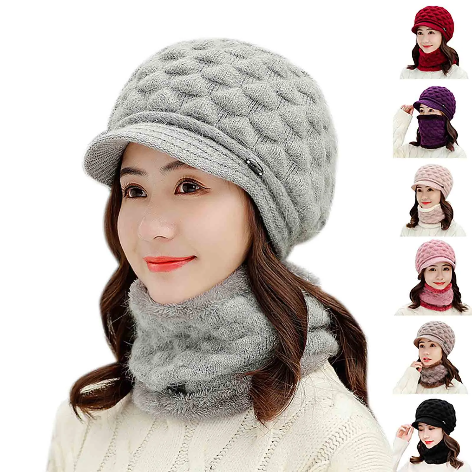 

Hat for Women Knitted Woolen Hat Plus Velvet Thicken Keep Warm T-riangle D-uck Tongue Cap Scarf Gorros Female апка женская 5*