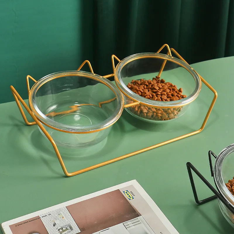 

Cute Glass Dog Cat Bowl Double Bowl with Iron Frame Cat Feeder Food Water Bowl Non-slip Golden Stand Cat Bowl Pet Supplies