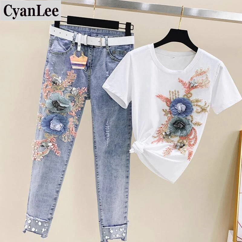 Plus Size 2 Piece Set Women Heavy Work Embroidery 3D Flower Tshirts + Jeans 2 Pcs Clothing Sets Casual Denims 2 Pcs Suits Sets Plus Size 2 Piece Set Women Heavy Work Embroidery 3D Flower Tshirts + Jeans 2 Pcs Clothing Sets Casual Denims 2 Pcs Suits Sets