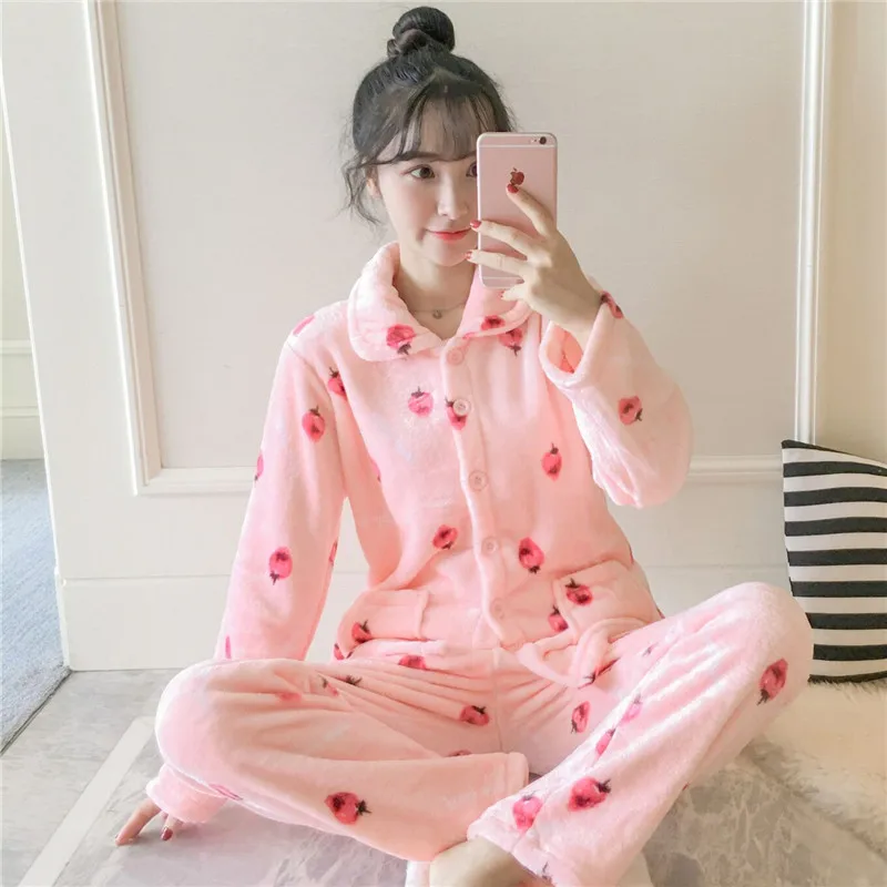 Autumn Winter Warm Flannel Women Pyjamas Sets Thick Coral Velvet Long Sleeve Cartoon Sleepwear Thin Flannel Pajamas Set for Girl