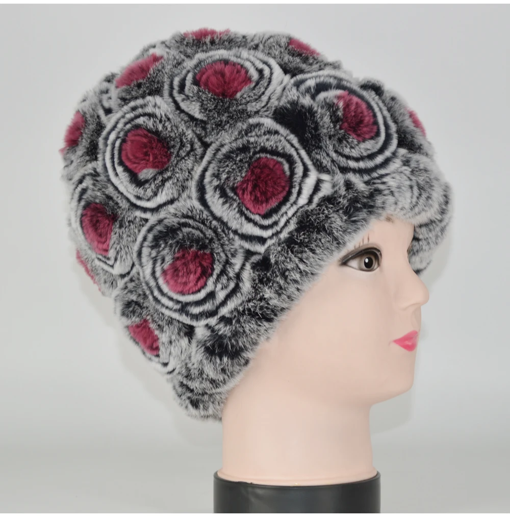 Winter Rex Rabbit Fur Hat Women Knitted Natural Rex Rabbit Fur Flowers Beanies Hats Warm Soft Real Rex Rabbit Fur Caps