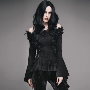 

Eva Lady Women's Gothic T-shirt Tight Embellished Long Sleeve Slash Collar Party Tops