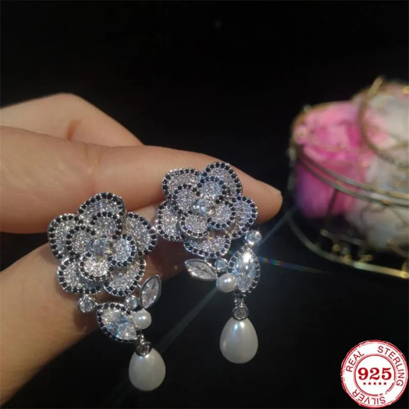 

S925 Silver Needle Women Earrings Luxury Camellia Micro-inlaid Zircon Pearl Earrings Jewelry for Women
