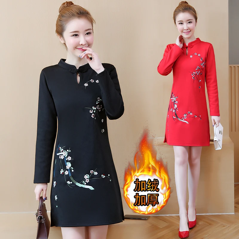 

Large size 2019 Autumn and winter new thickening plus fluff improved cheongsam girl dress