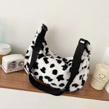 

2020 Plush Cute Milk Cow Women Handbag Winter Female Chest Shoulder Bags Christmas Gifts