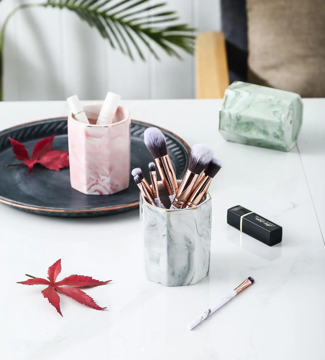 Multi-Purpose Marble Pattern Storage Holder Cosmetic Brush Makeup Holder Ceramic Pencil Bucket Pen Storage Rack Container
