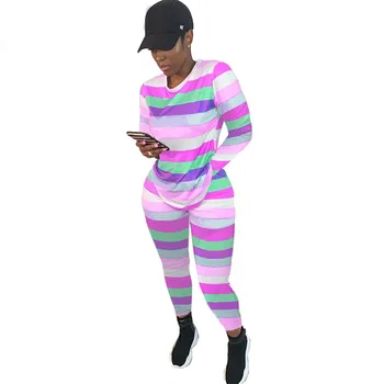 

Colorful Striped Two Piece Set Tracksuit Women Fall Clothes Long Sleeve Top Bodycon Pant Sweat Suits 2 Piece Outfits Jogger Sets