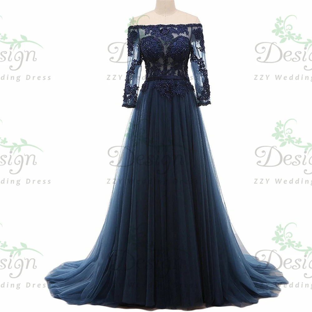 

Exquisite Navy Blue Tulle Off The Shoulder Long Sleeves Beading Mother Of The Bride Dresses Dresses Women Plus Size Elegant