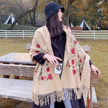 

Brand 2020 Embroidery Women Cashmere Scarves Winter Thicken Warm Soft Pashmina Shawls Wraps Female Scarf Bandana Hijab Foulard