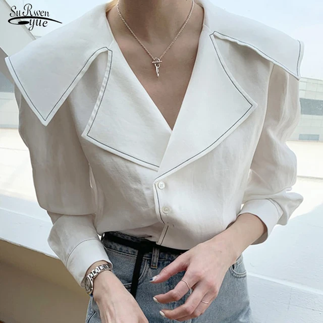 New Korean Style Long Sleeve Single Breasted Women Shirts Office Lady White Black Blouse Female Elegant Ladies Clothing 12140 1
