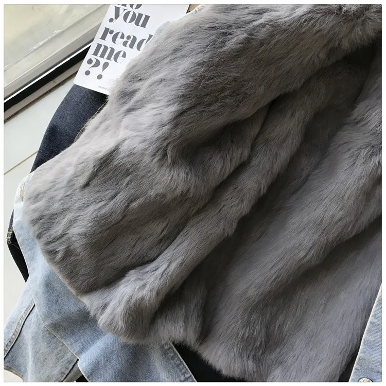 Модное зимнее женское теплое пальто из натурального Лисьего меха, воротник из натурального кроличьего меха, джинсовая куртка, узкие джинсы, толстая верхняя одежда, HHPC33