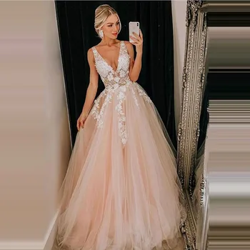 

Tulle Prom Dresses 2020 Sexy V Neck A Line Sleeveless Lace Appliqued Pink Evening Dress Prom Gown robe de soiree