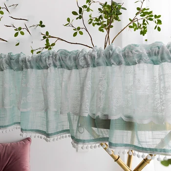 

Korea Coffee Short Curtain Double Lace Bay Window Screen Bedroom Furry Hanging Ball Kitchen Partition Door Half Curtain MY382-3