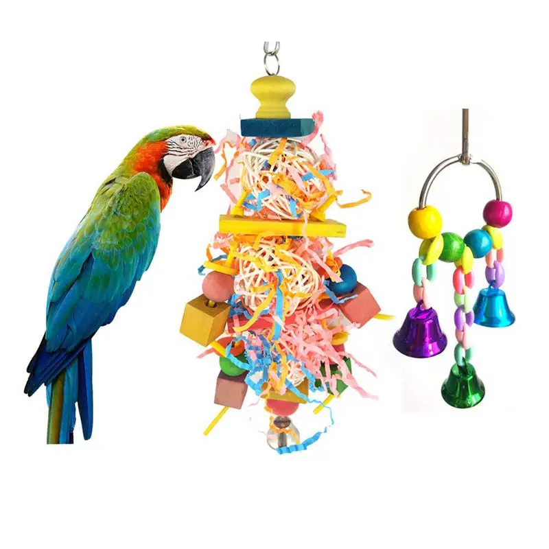 Bird Chewing Toy - Multicolored Hanging Foraging Toy And Bell Bird Toy For Small Medium Birds Parrots 2 Packs