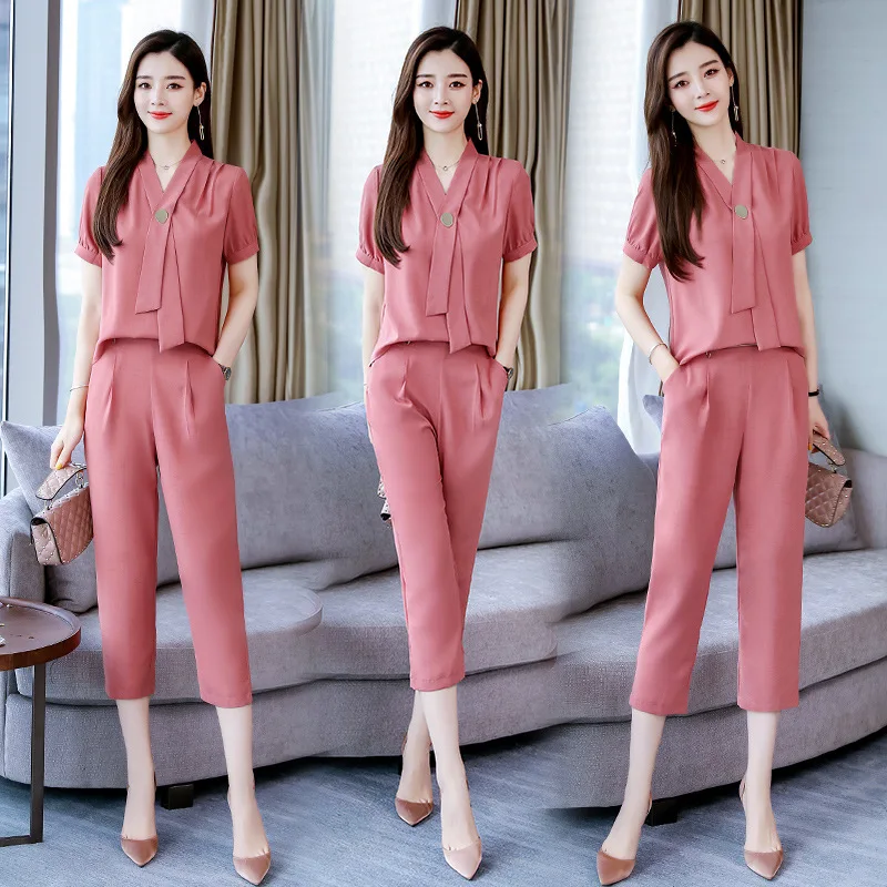

Solid Color Fashion 2019 Summer V-neck Loose Waist Comfortable Simple Versatile Cool Short Sleeve Set