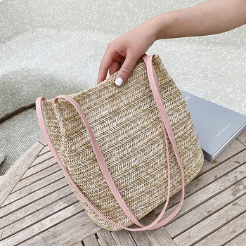 

Summer Straw Beach Totes Women 2020 Weave Bucket Handbag for Ladies Fashion Shoulder Bag High Capacity Double Shoulder Strap