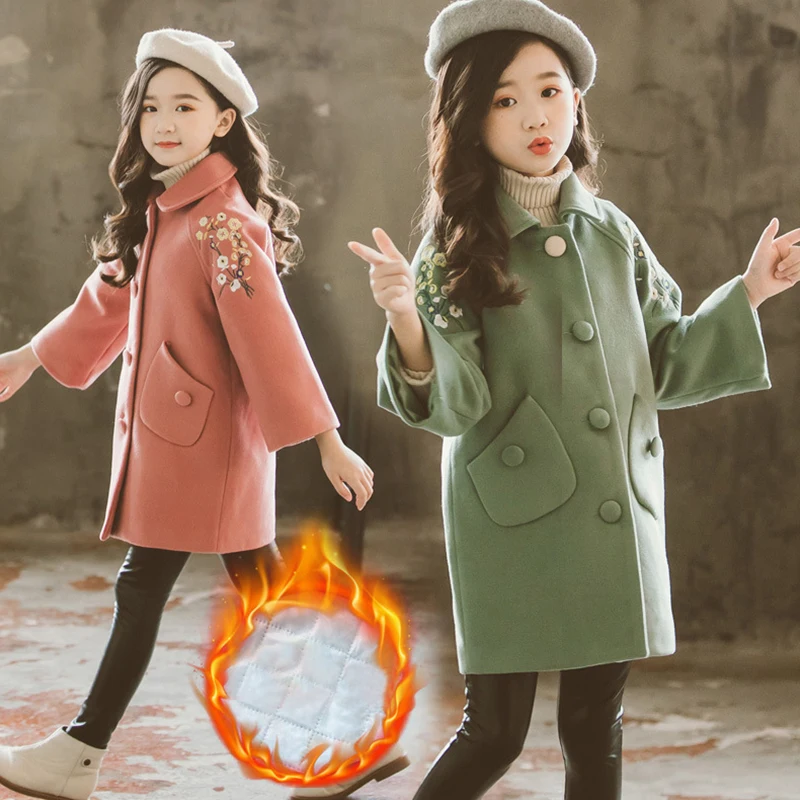 Зимнее пальто для маленьких девочек; шерстяное пальто; теплые плотные Топы в Корейском стиле; модная детская верхняя одежда с отворотом и цветочным узором