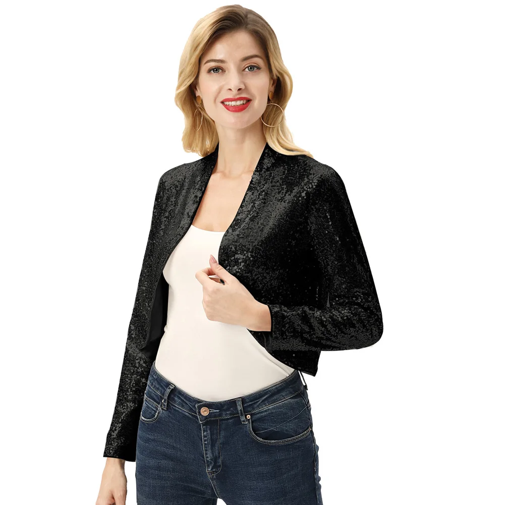 Women's Sequined Bolero Slim Shrug And Coats Spring Fall Tops Clothes  Fashion Long Sleeve Open Front Sparking Sequins Jacket|Jackets| - AliExpress