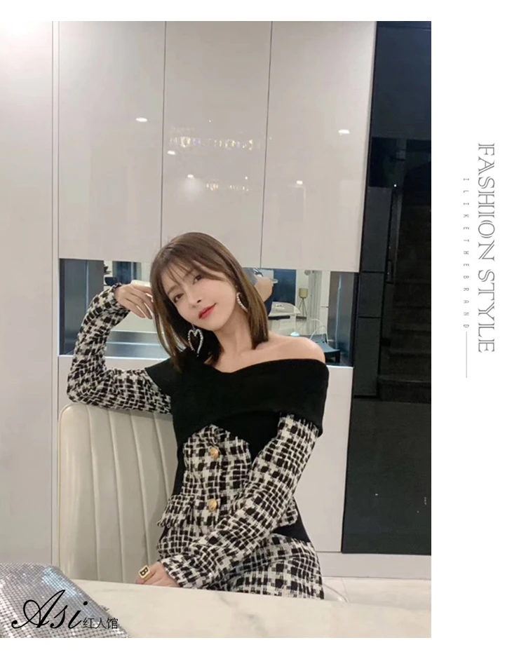 DEAT New Winter Slash Collar Full Sleeves Off Ther Shoulder Plaided Knits Spliced Woolen Single Breasted Dress 19G-a78-01