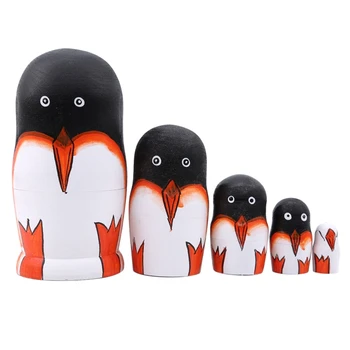 

5 Layers Nesting Dolls Matryoshka Toy Wood Penguin Hand-painted Russian Doll Home Decor Kids Gift