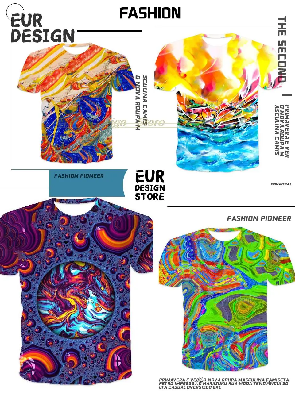 Colorful 3d graffiti printing men's T-shirt fashion tops 2021 summer casual breathable retro style cost-effective summer T-shirt
