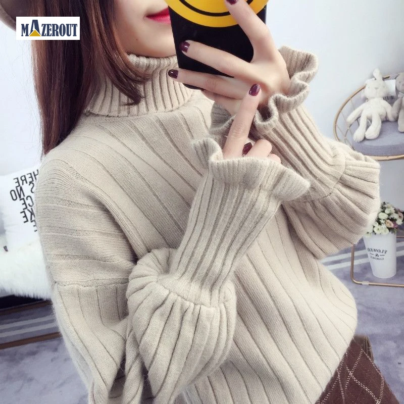 

MAZEROUT Autumn Winter Thick Sweater Women Knit Solid Pullover Sweater Lantern Sleeve Turtleneck Slim Soft Warm Pull Femme M-3XL