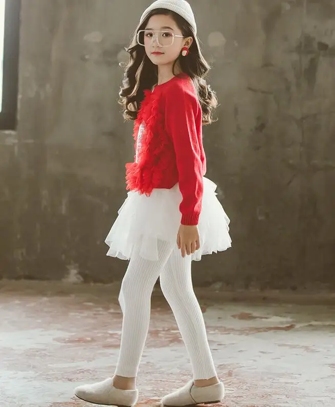 10.22th Ship) Good Quality Girls 2 pcs Suits Winter Knitted lace stitching sweater+ Gauze skirt trousers Children's suit