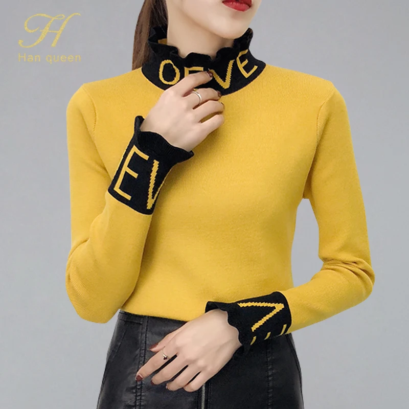H han queen осень письмо водолазка свитер длинный рукав тонкий женский свитер и пуловер вязаный корейский эластичный джемпер