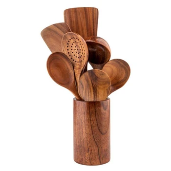 

8Pcs Teak Tableware Spoon Colander Long Handle Spoon Wooden Non-Stick Special Spatula Kitchen Tool Set New Gift