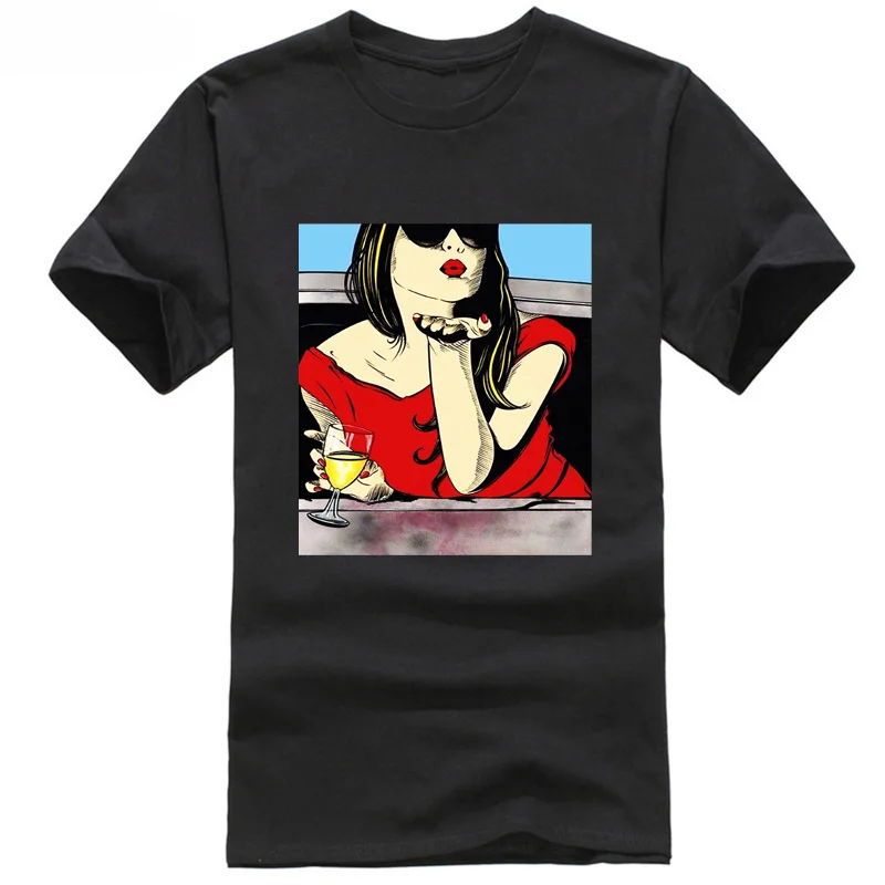 2019 Red Lips White Wine Glasses Pop Art Retro man Tshirt T Shirts Casual Brand Clothing 100%Cotton | Мужская одежда