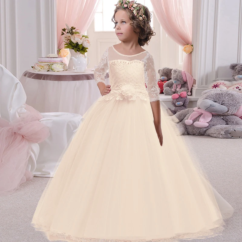 White Long Sleeve Pink Bridesmaid Dress Kids Dresses For Girls Clothing Princess Dress Girl Party Wedding Dress 10 12 Year - Цвет: Champagne