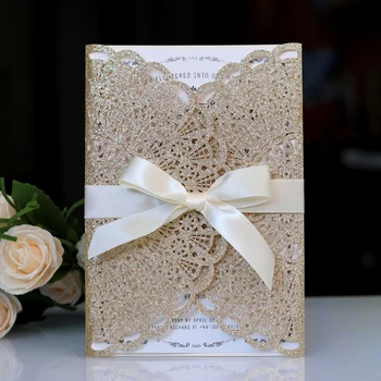 

Champagne Glitter Wedding Invitations Red Gold Blue Silver Laser Cut Marriage Invites Printable Sweet Fifteen Cards 50pc/lot