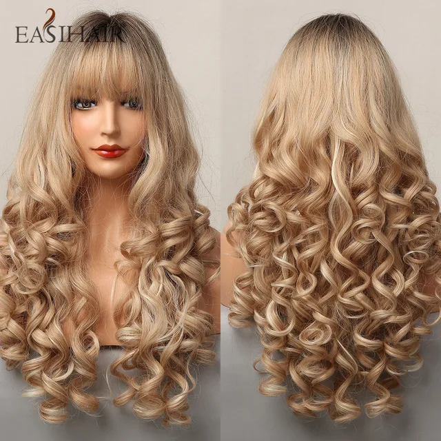 EASIHAIR Long Dark Brown Women's Wigs with Bangs Water Wave Heat Resistant Synthetic Wigs for Black Women African American Hair LC5213-1