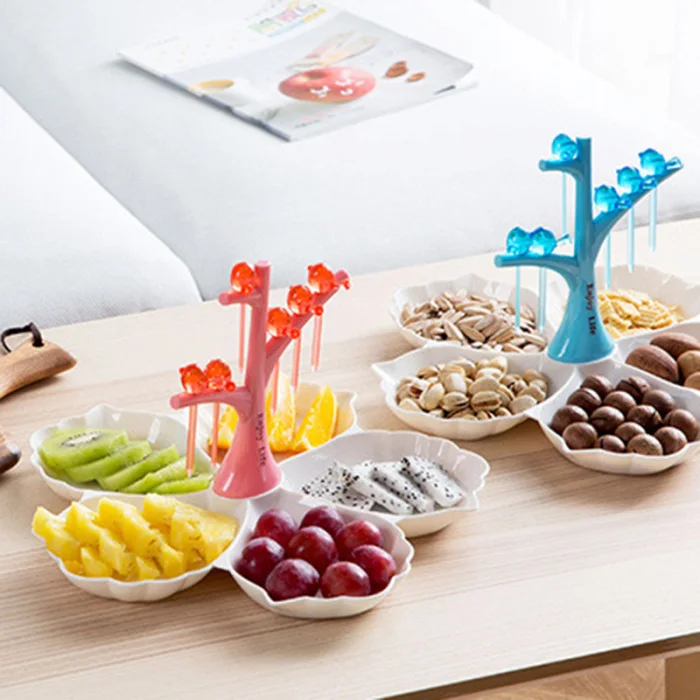 Newly Flower Shape Grid with Fruit Fork Fruit Platter Living Room Snack Plate Coffee Table Plastic Tray TE889