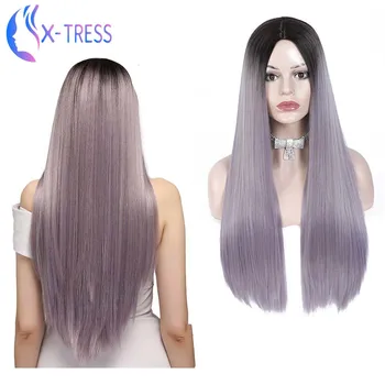 

Ombre Purple Colored Synthetic Wig Fuly Soft Long Straight Wig Heat Resistant X-TRESS Lolita Wig For Daily Party Cosplay Wig