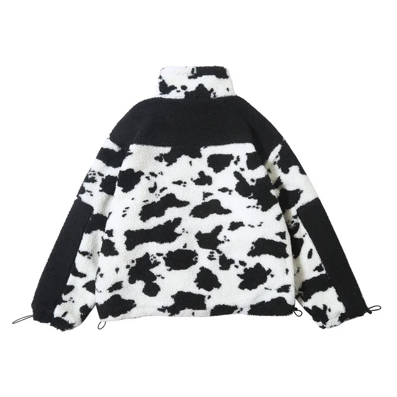 Winter Thick Oversize Cow Contrast Color Parka Coat Polka Dot Vintage Fleece Zipper Pocket Jacket Men Hip Hop Swag Black/White