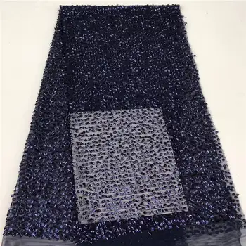 

2019 Latest African Lace Fabric High Quality, Dark Blue French Net Embroidery 3d Sequins Tulle Lace Fabric For Nigerian Party