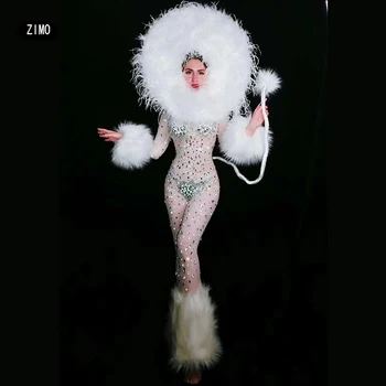 

white Feather sparkly Rhinestone See Through Jumpsuit sexy Women Singer Bar Cosplay Outfit Prom Party Outfit lion dance costume