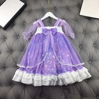 

European and American children's wear 2020 summer new style Long sleeve star print bow purple baby Girl's dress