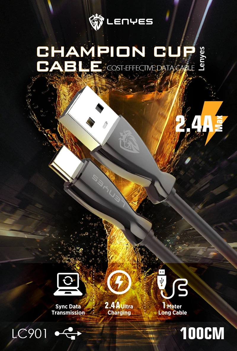 Lenyes 1 м Кубок чемпиона USB кабель Быстрая зарядка кабель синхронизации данных Micro type C iOS 2.4A TPE кабели для iPhone iPad Розничная торговля LC901