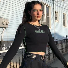 Best Price High Street Women's Reverse Sewing Black Top Long Sleeve Round Neck Lace Letter Print T-shirt Slim Sexy Short Bottoming Shirt Best Price High Street Women's Reverse Sewing Black Top Long Sleeve Round Neck Lace Letter Print T-shirt Slim Sexy Short Bottoming Shirt