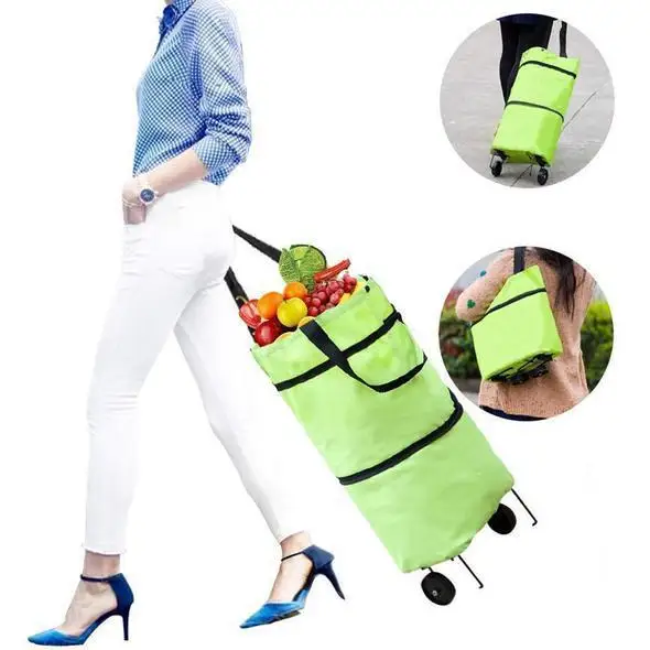 

Portable Foldable Shopping Cart Shopping Tug Trolley Bag with Wheels Foldable Cart Rolling Grocery Green Multifunction